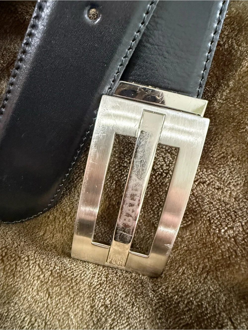 Bally Men's Silver and Black Rectangular Logo Buckle Belt